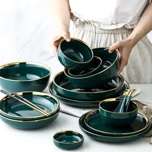 Load image into Gallery viewer, Dark green gilt ceramic plate
